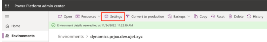 The settings tab for the Microsoft Dynamics environment is shown.