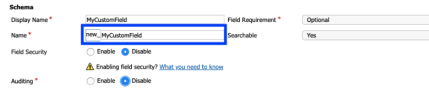 The custom field naming is shown, with the name field highlighted.