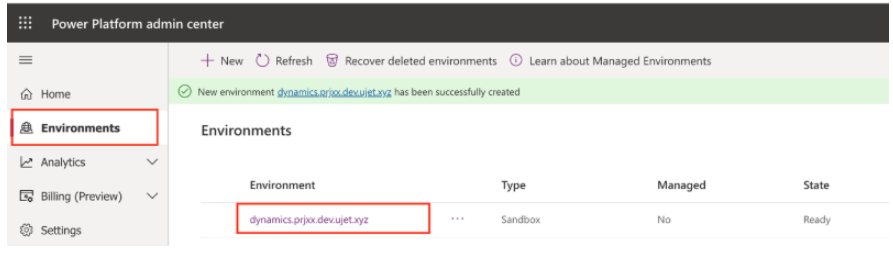 The options for the Power Platform administration center are shown, with the Environments tab highlighted.