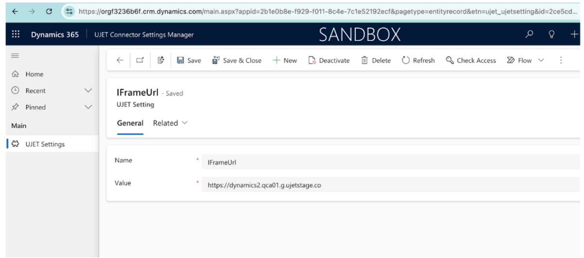 The UJET Connector Settings Manager is shown, with the name and value entered for IFrameURL.