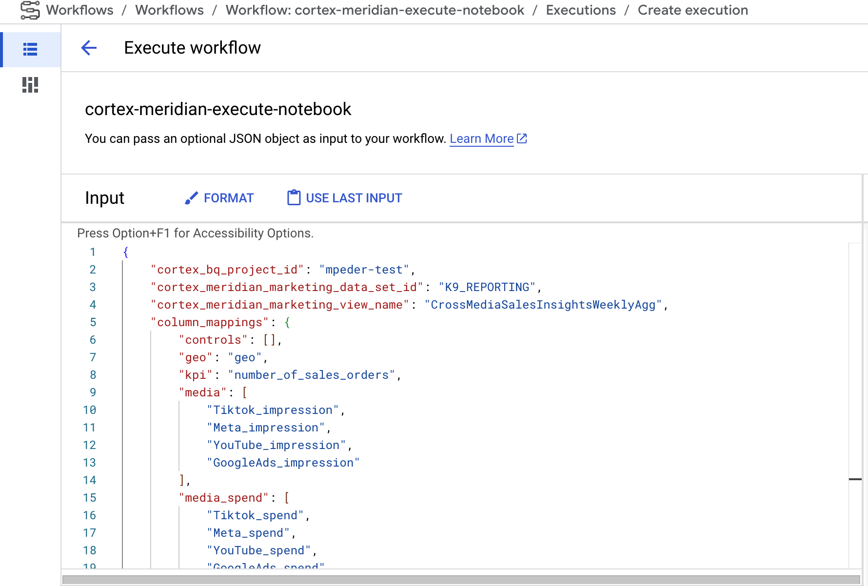 將新的 Cortex for Meridian JSON 設定當做工作流程的輸入內容