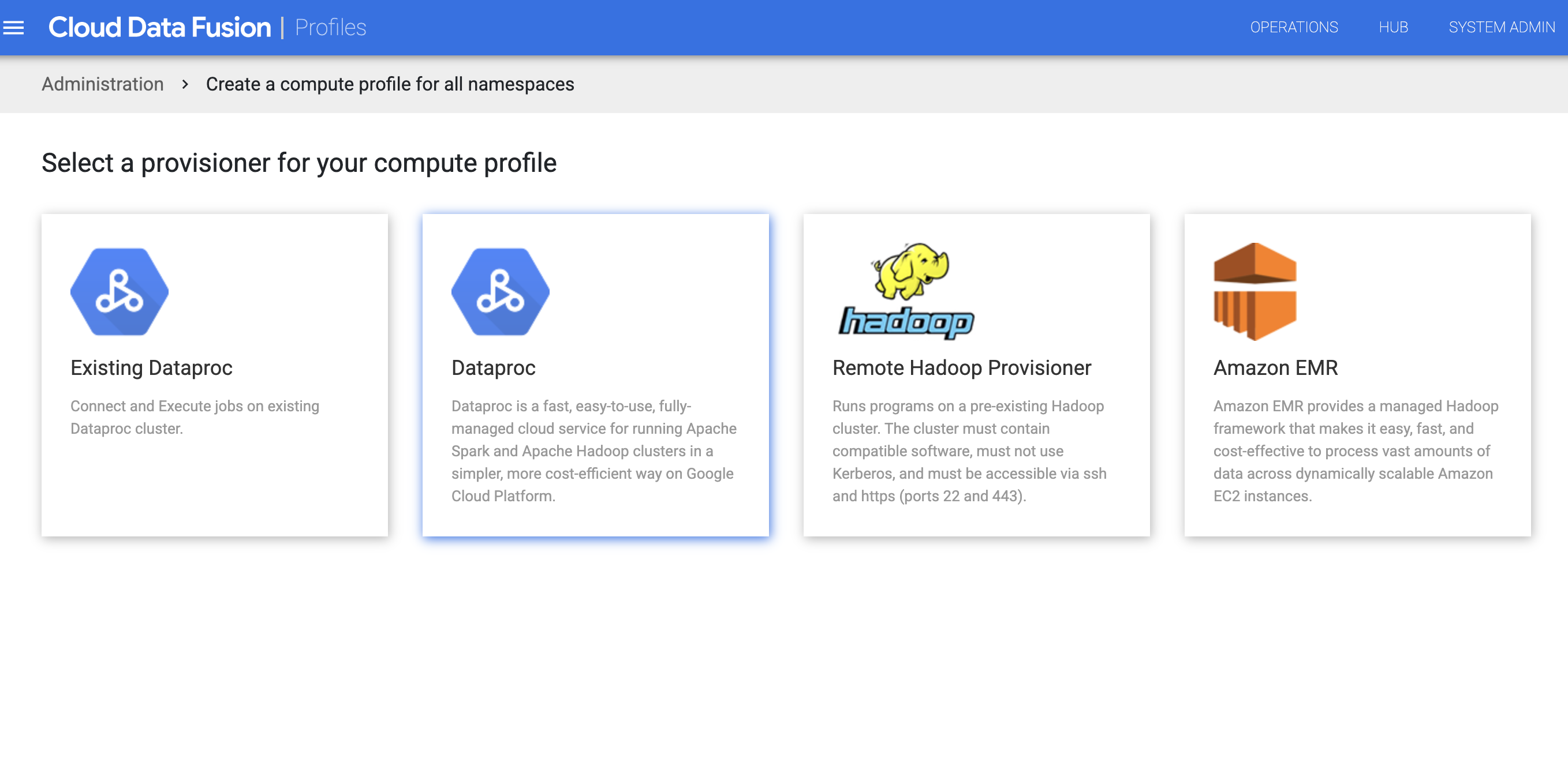 選取 Dataproc 佈建工具