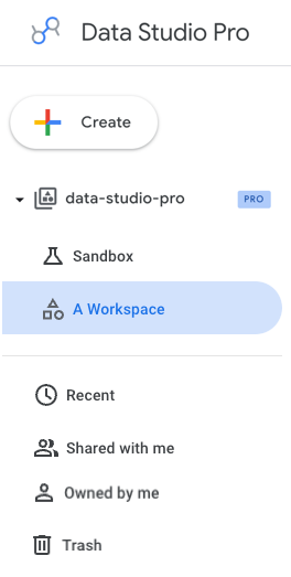 数据洞察左侧导航栏,其中显示了名为“looker-studio-pro”的 Pro 项目、名为“A workspace”的突出显示的团队工作区和沙盒。您还可以选择“归我所有”。
