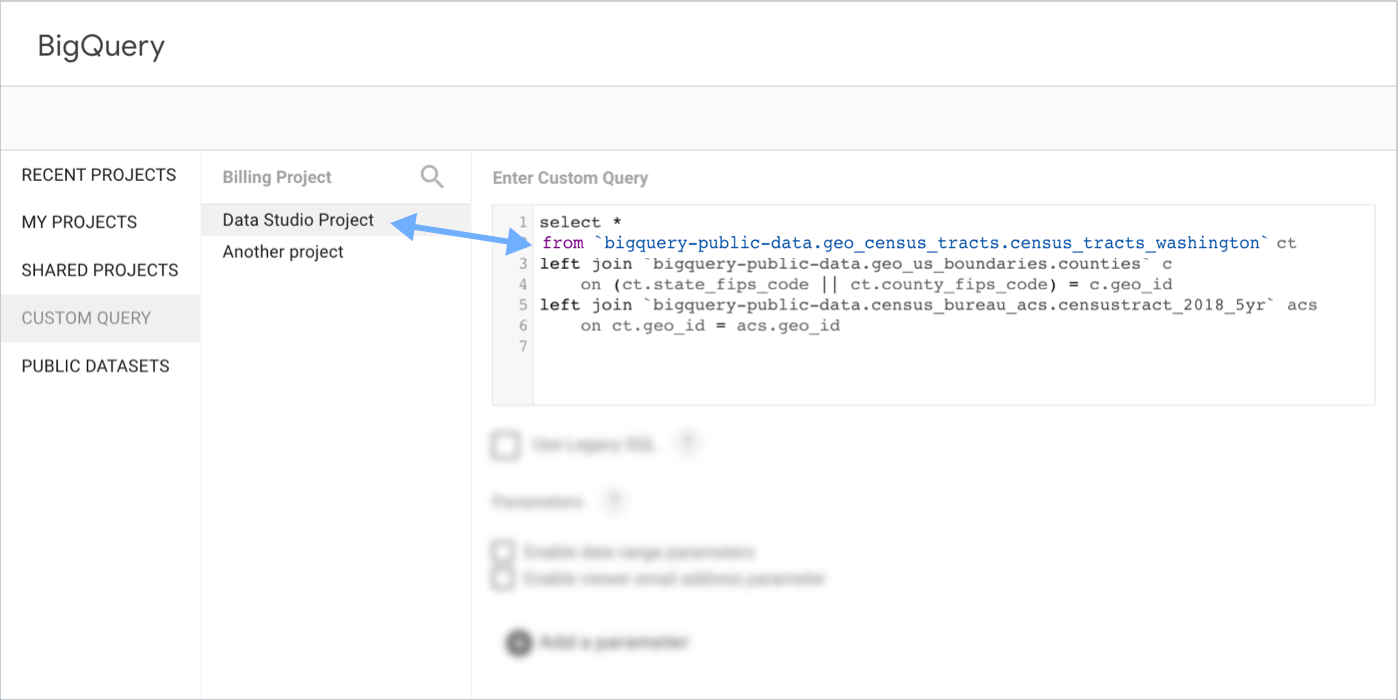 BigQuery 自訂查詢設定範例，帳單專案設為 Looker Studio 專案，而查詢會在查詢的 FROM 子句中指定 BigQuery 公開資料集。