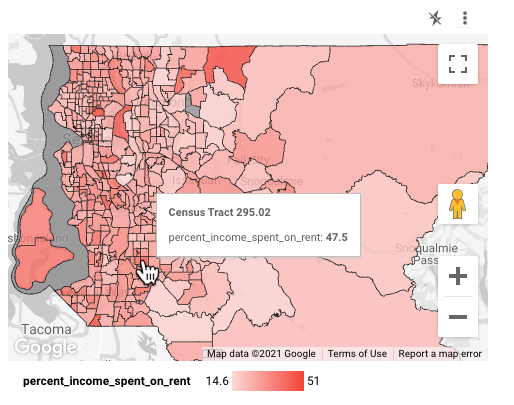 最終的 Google 地圖，以紅色漸層地理多邊形代表華盛頓州的租金負擔能力，並顯示資料點的工具提示文字「Census Tract 295.02 percent_income_spent_on_rent: 47.5」。