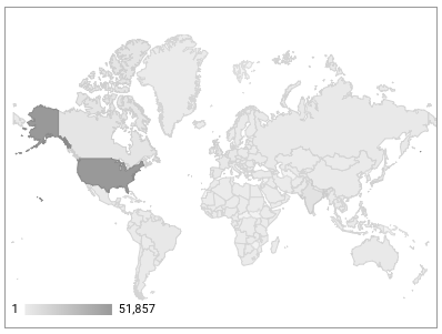 世界地理位置地图显示了每个国家/地区的网站会话数，其中美国以深灰色突出显示，下方有一个从浅灰色到深灰色的灰色渐变比例尺，范围为 1 到 51,857。