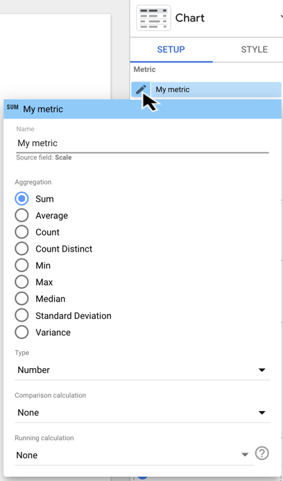 指标配置选项对话框,您可以在其中修改字段名称、更改汇总和字段类型,以及应用比较或滚动计算。