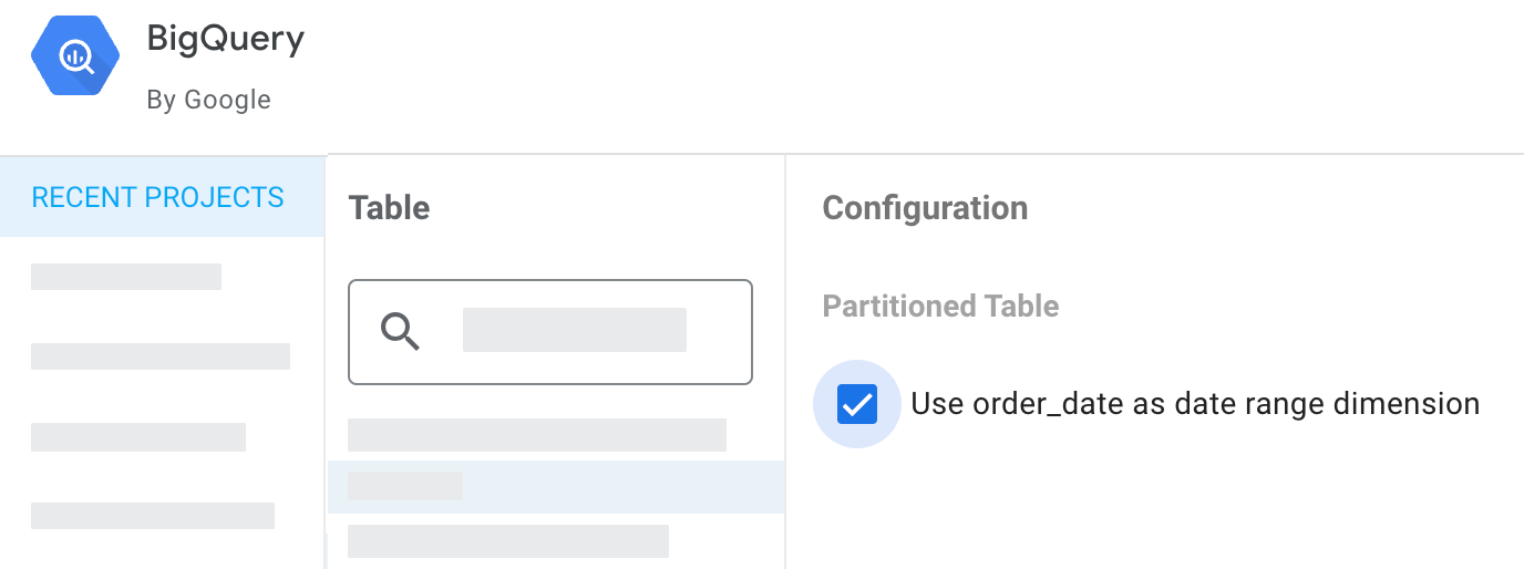 BigQuery 分區資料表的 Looker Studio 資料來源設定。order_date 分區欄位有一個核取方塊選項，可將 order_date 做為日期範圍維度。