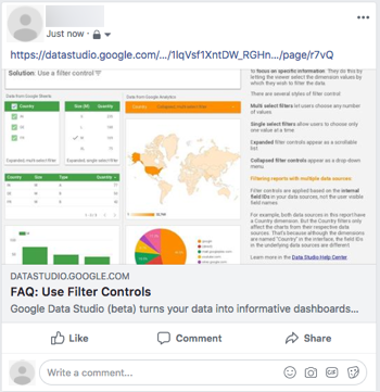 Facebook 貼文顯示數據分析報表的連結，報表名稱為「常見問題：使用篩選器控制項」，並附上報表中的圖表和文字縮圖。