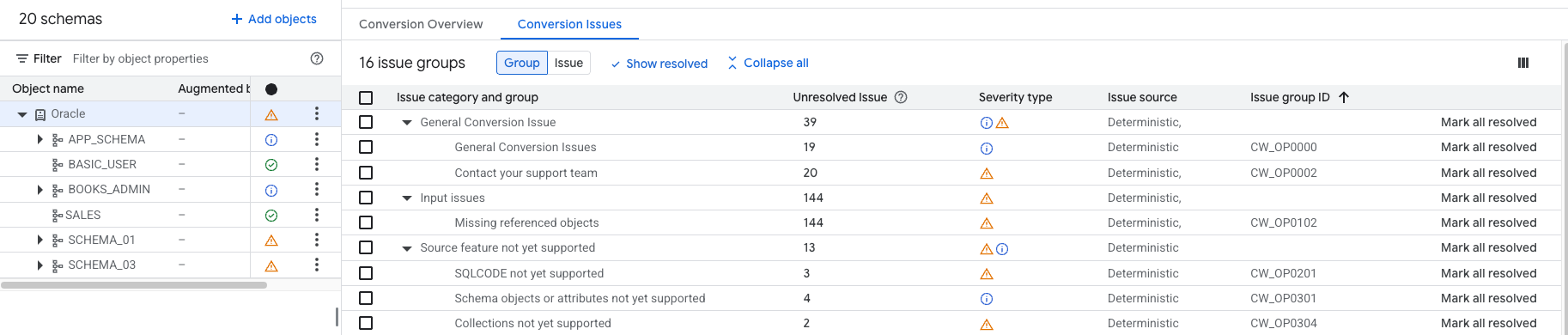 Conversion workspace overview screen that shows conversion issue groups and categories.