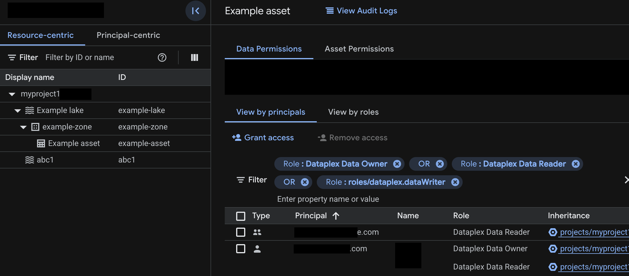 Example of data permissions that are not inherited from higher lake resources