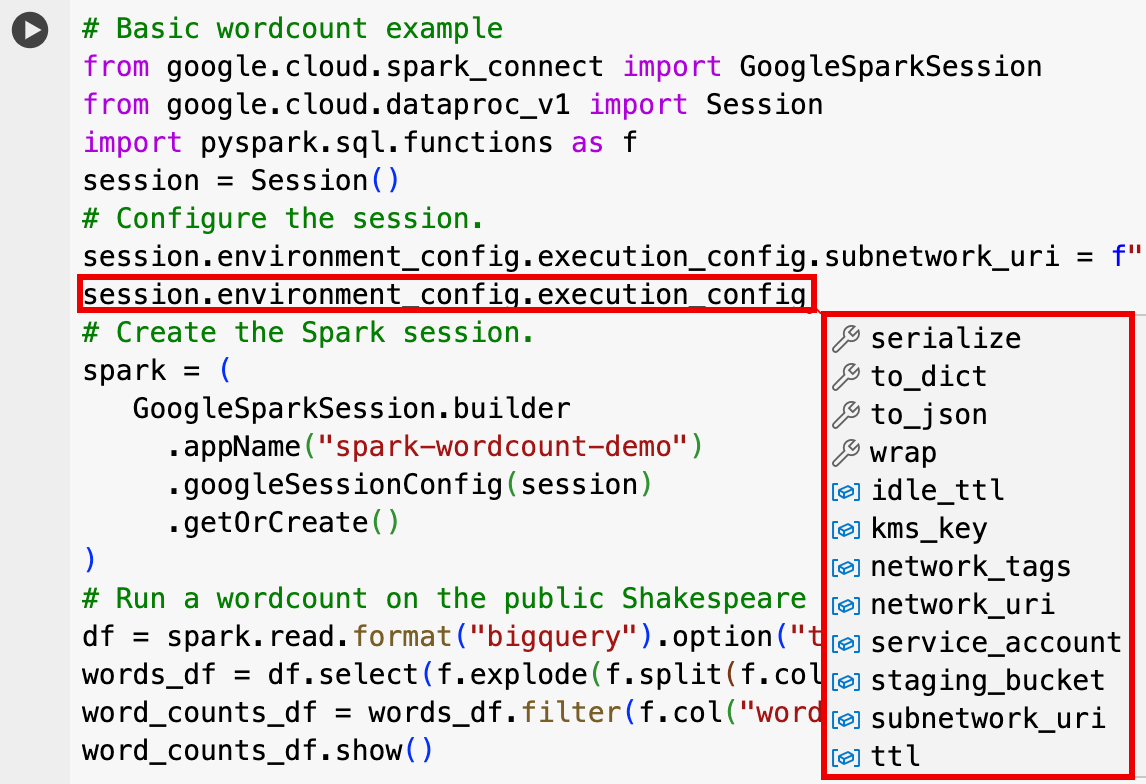 Code help showing session-environment-config-execution-config options.