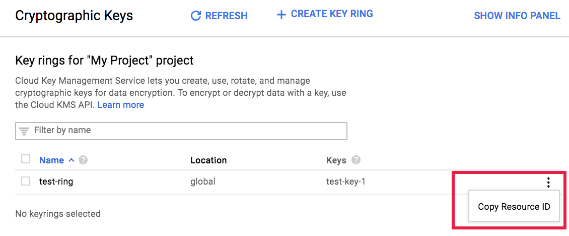Screenshot showing how to copy the key resource ID from the Cryptographic Keys page.