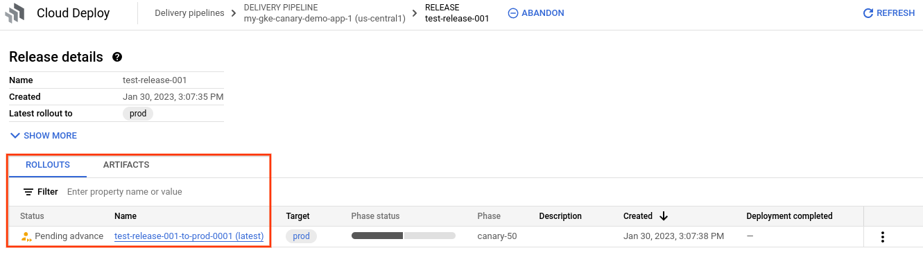  Google Cloud 控制台中的发布