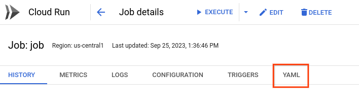 作业详情页面 -Google Cloud 控制台,显示 YAML 标签页