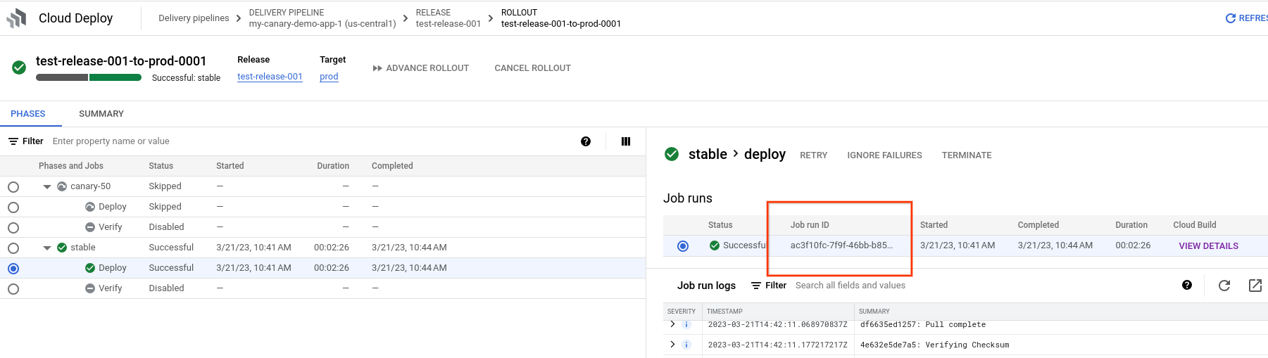 Google Cloud 控制台中的推出作業詳細資料中的工作執行 ID