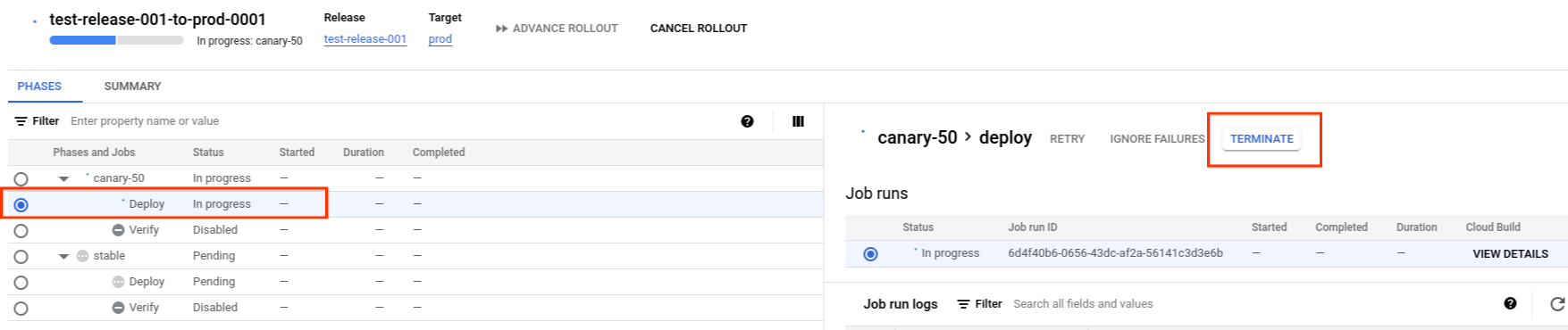 Google Cloud 控制台中的发布作业详情