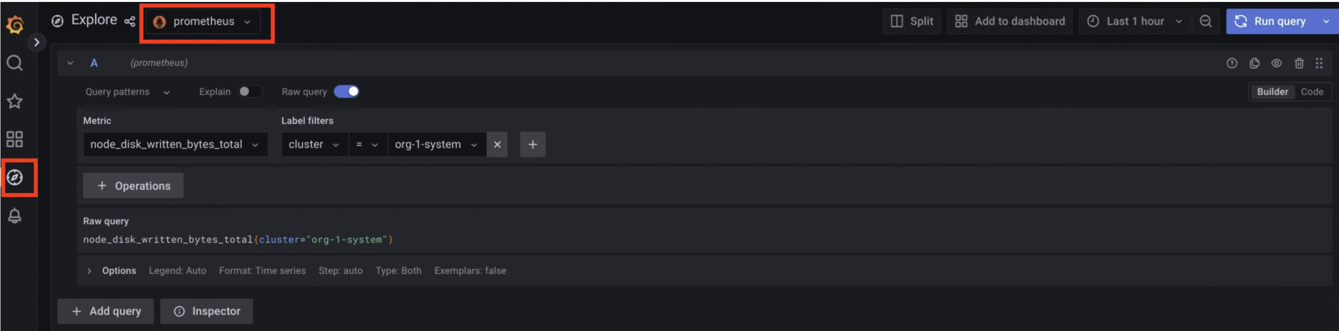 The prometheus option is selected on the Explore page to obtain metrics.