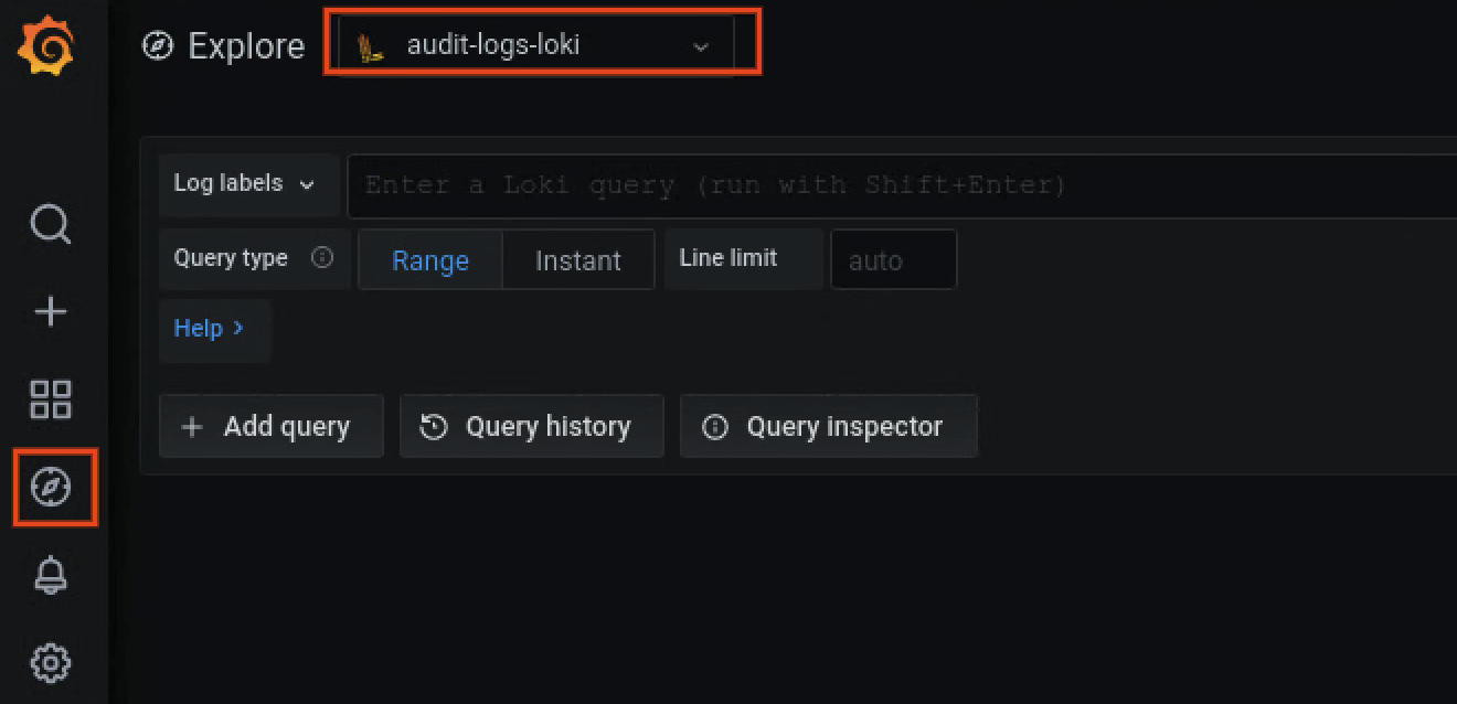 The audit-logs-loki option is selected on the Explore page of the monitoring instance UI for the org infrastructure cluster.