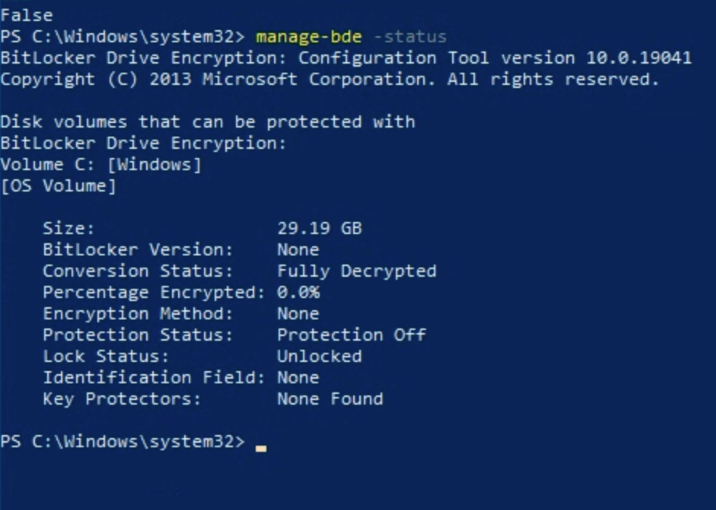 執行 manage-bde -status 後，PowerShell CLI 畫面顯示 BitLocker 狀態為 False