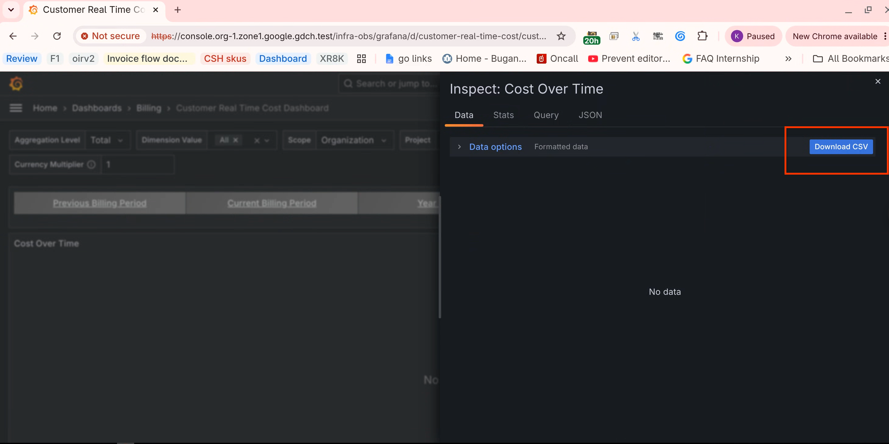 Data inspection drawer highlight over Download CSV button