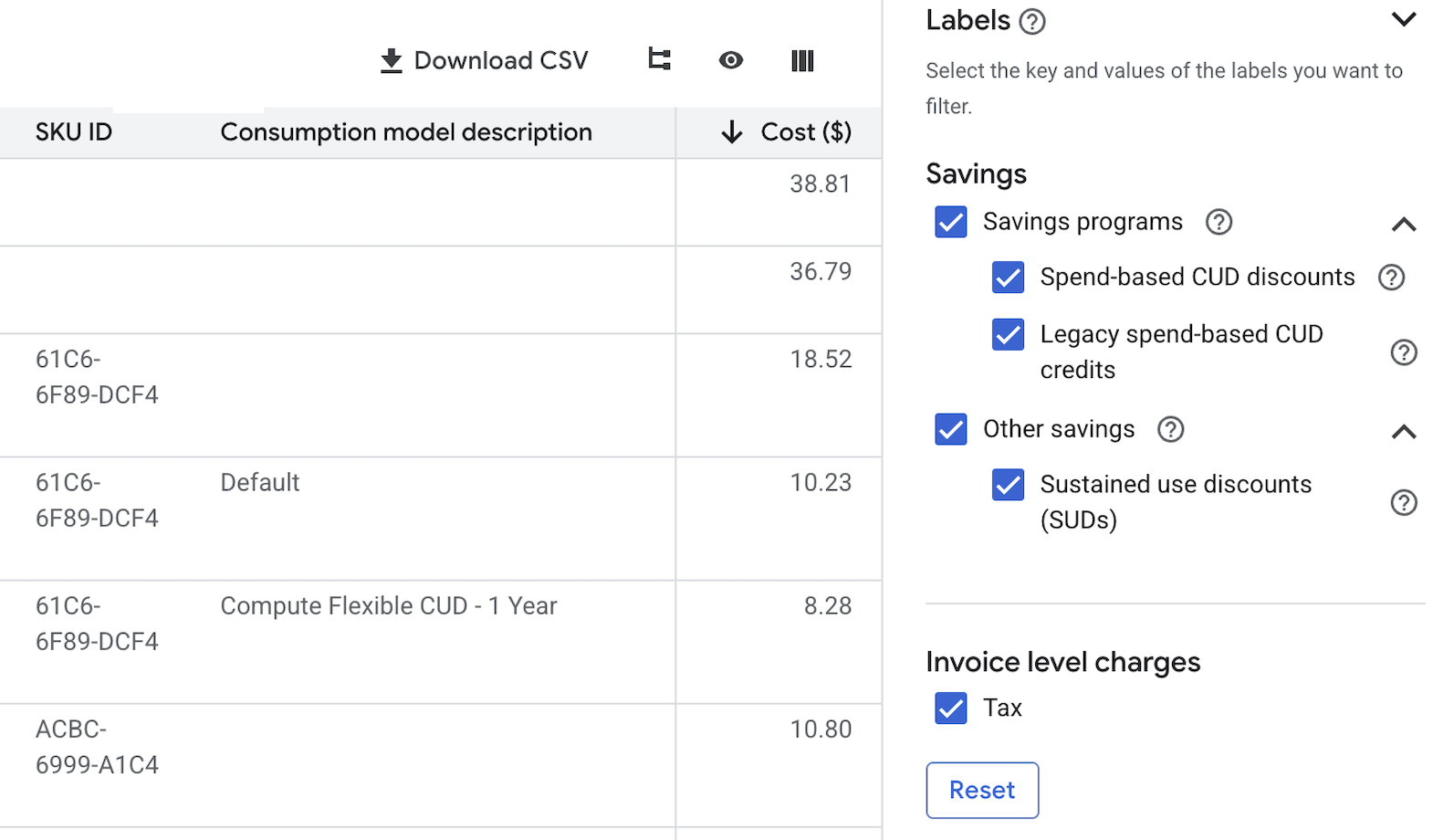 View of the savings filter
