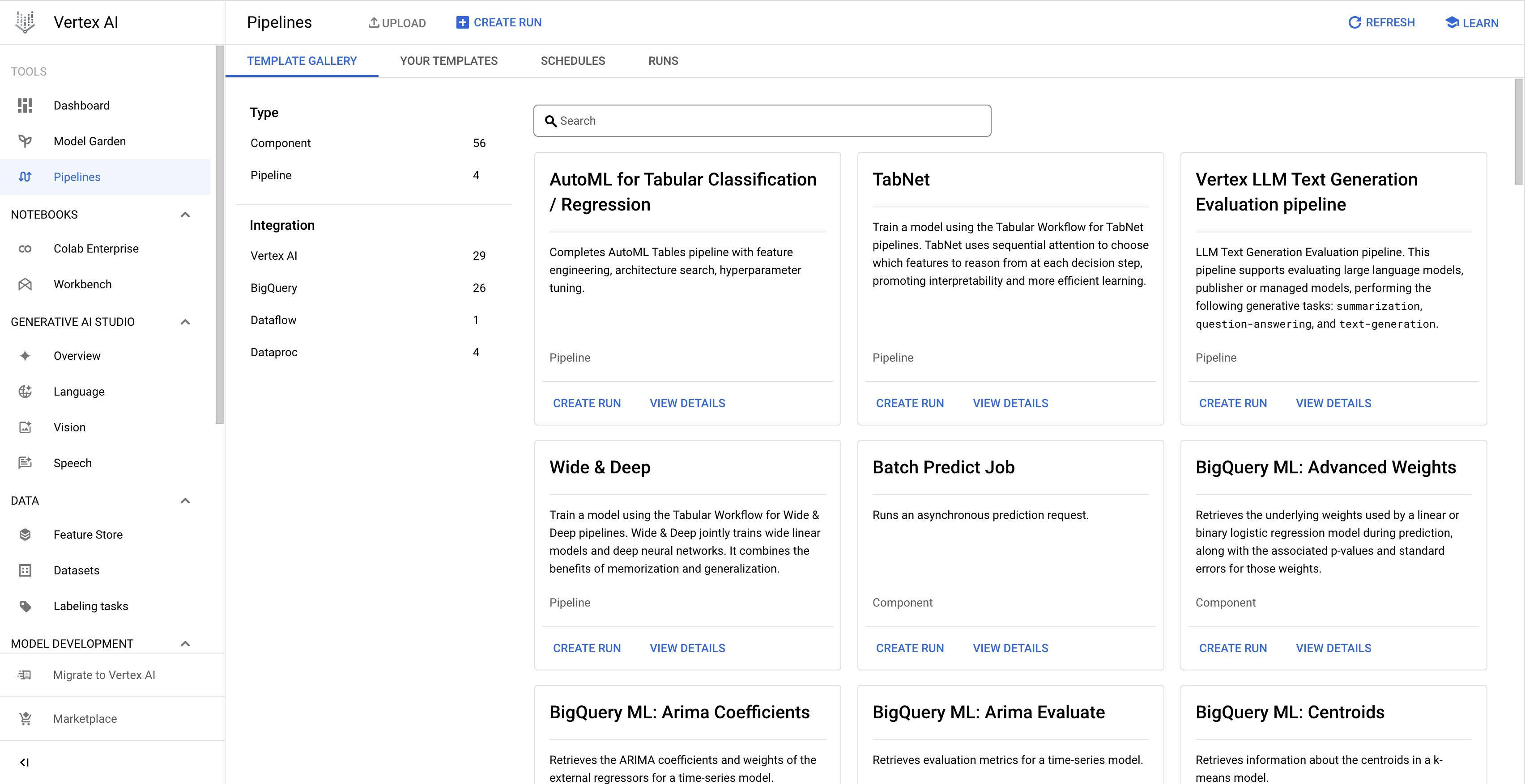 顯示範本庫頁面，內含 Google 製作的 Tabular Workflow 管道範本