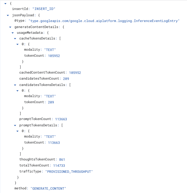 Logs Explorer 中的 inference_request 項目，已展開至 jsonPayload