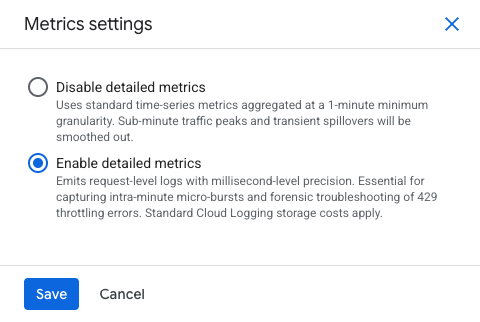 The Metrics settings panel, with Enable detailed metrics selected