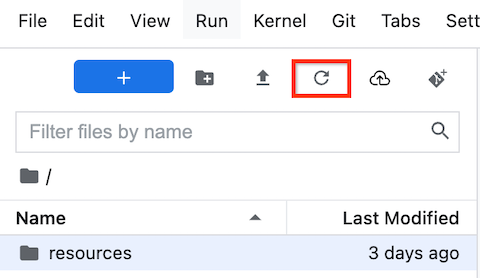 Gemini Enterprise Agent Platform Workbench 中的 JupyterLab 檔案瀏覽器，並標示「重新整理檔案清單」按鈕。