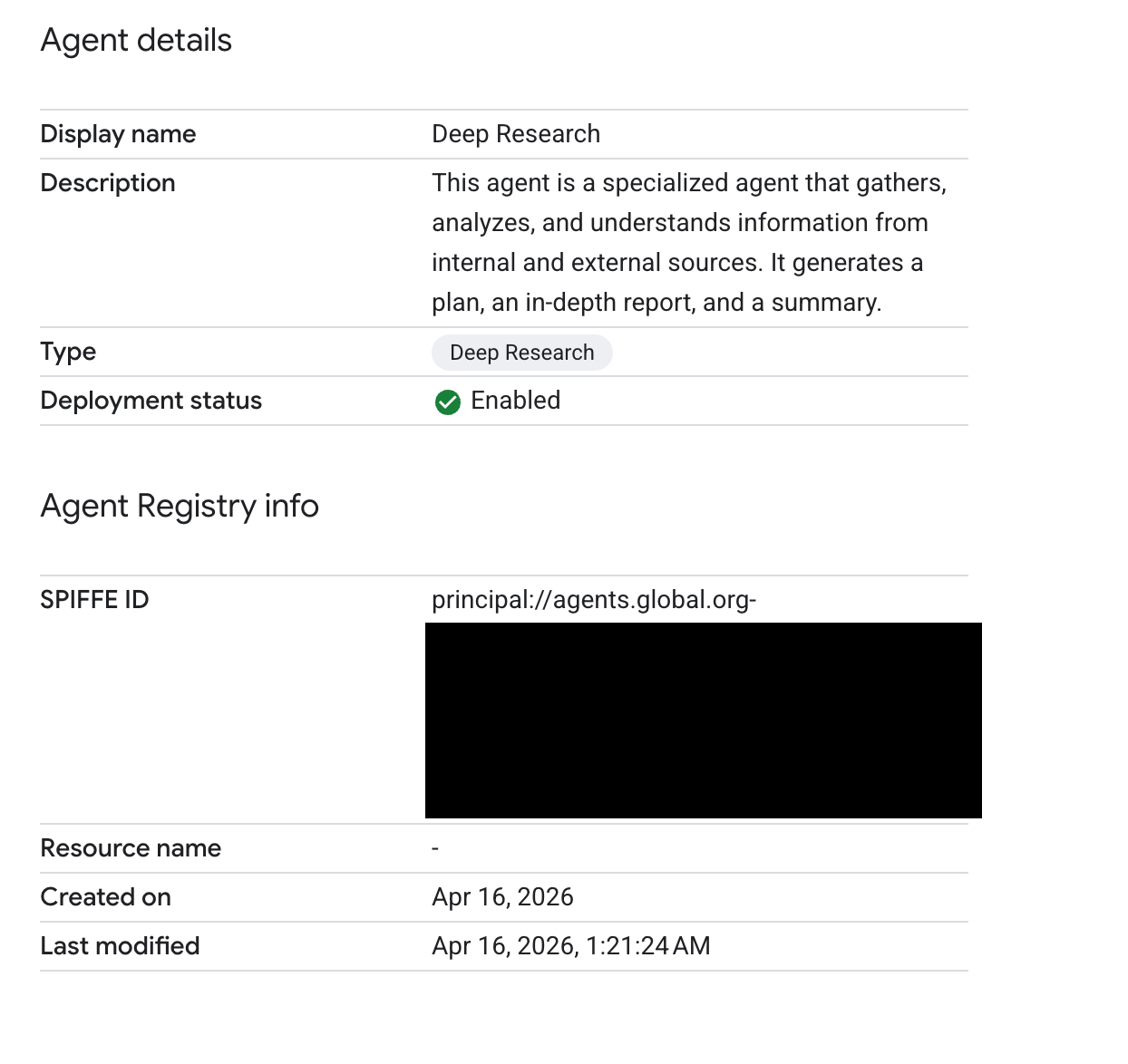 Gemini Enterprise 控制台的「代理程式詳細資料」頁面,顯示代理程式的 SPIFFE ID。