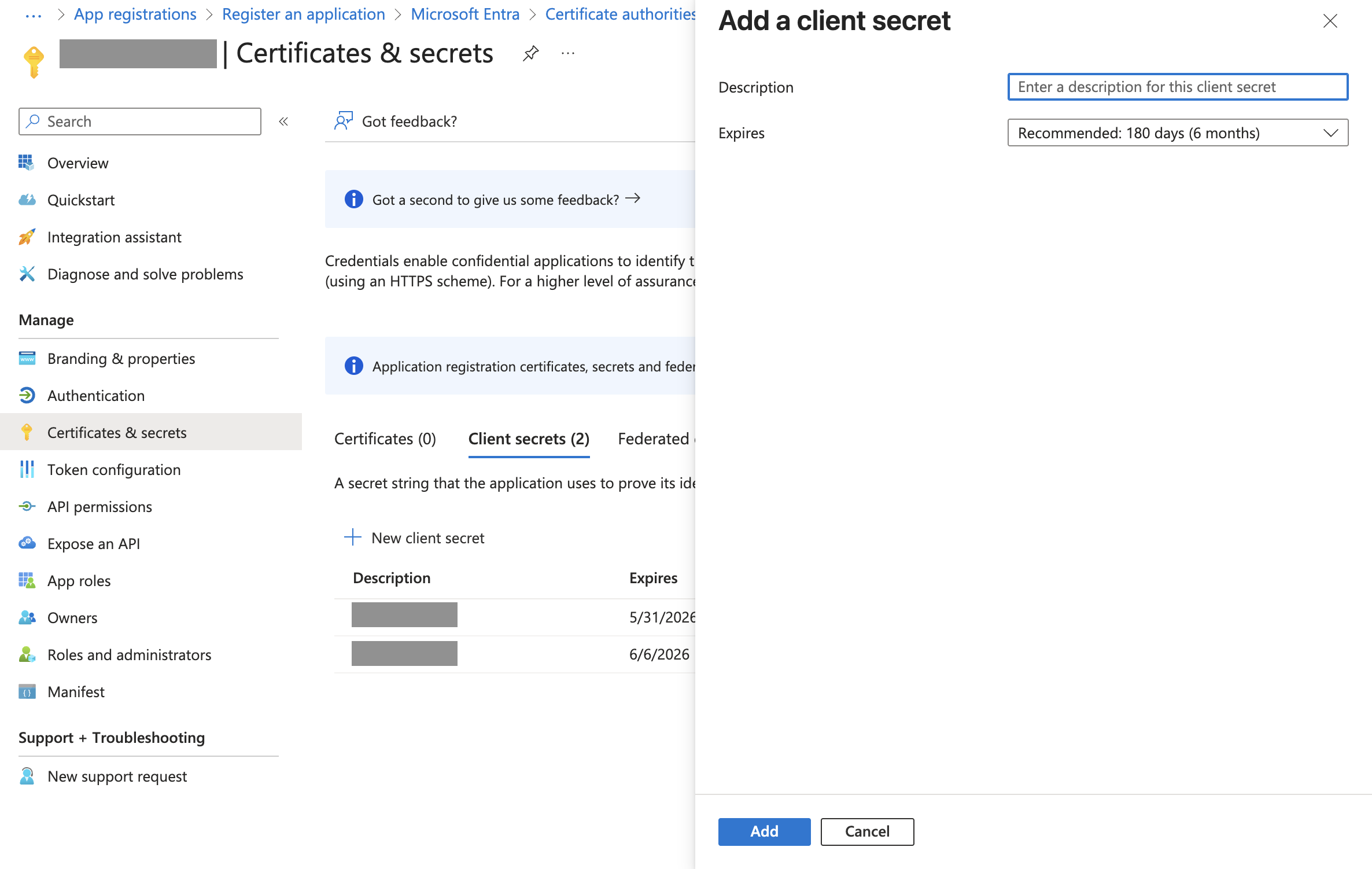 The Add a client secret dialog in Microsoft Entra admin center.