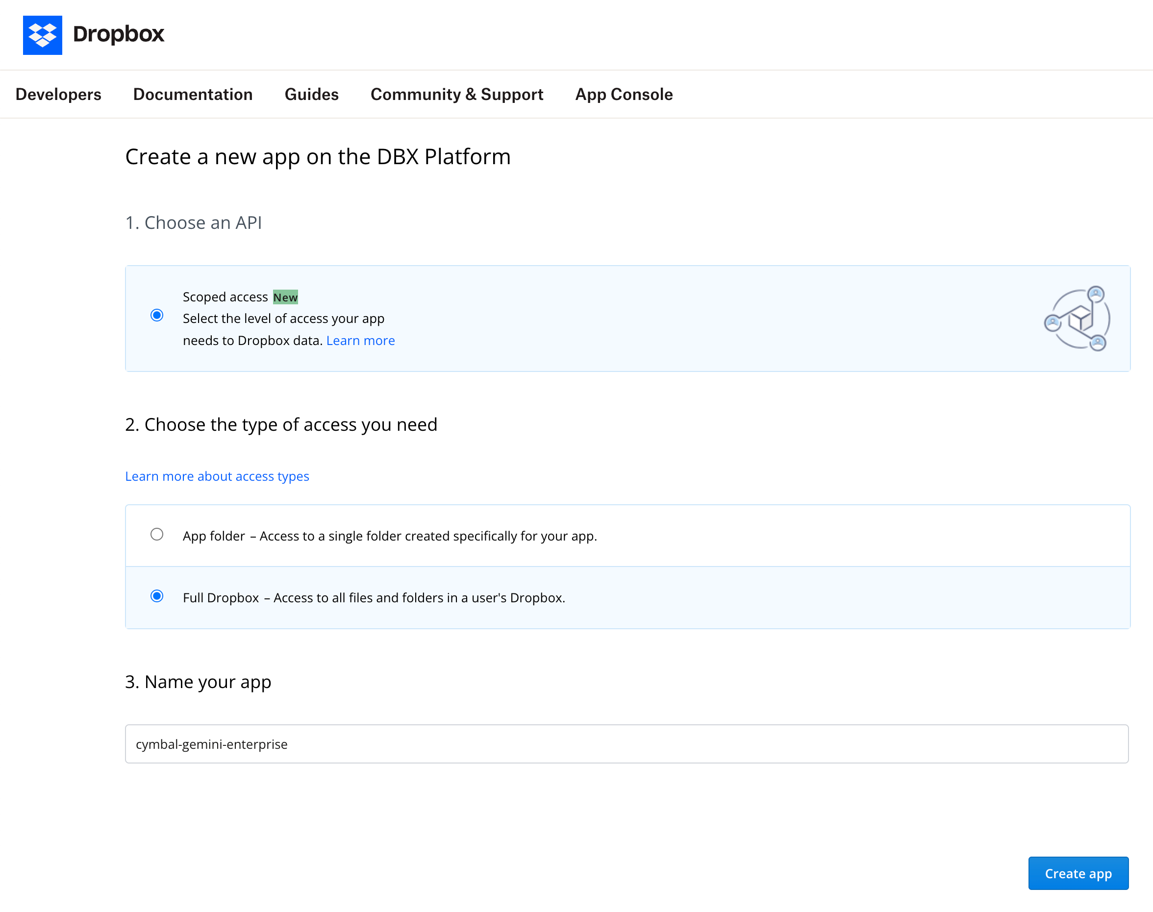 輸入 Dropbox 應用程式的詳細資料
