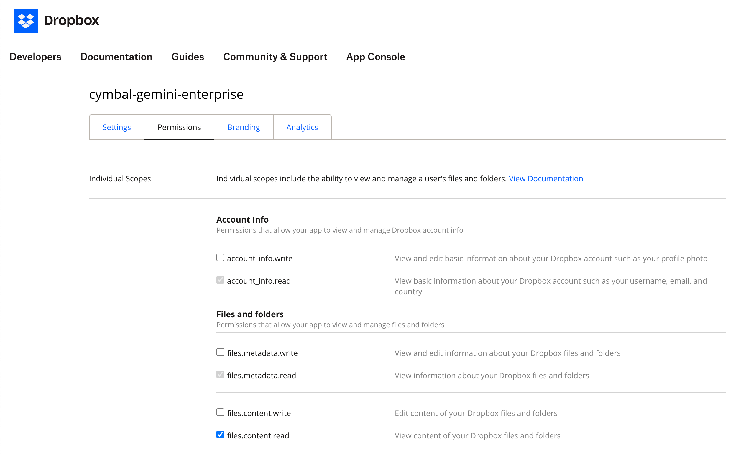 为 Dropbox 应用选择范围