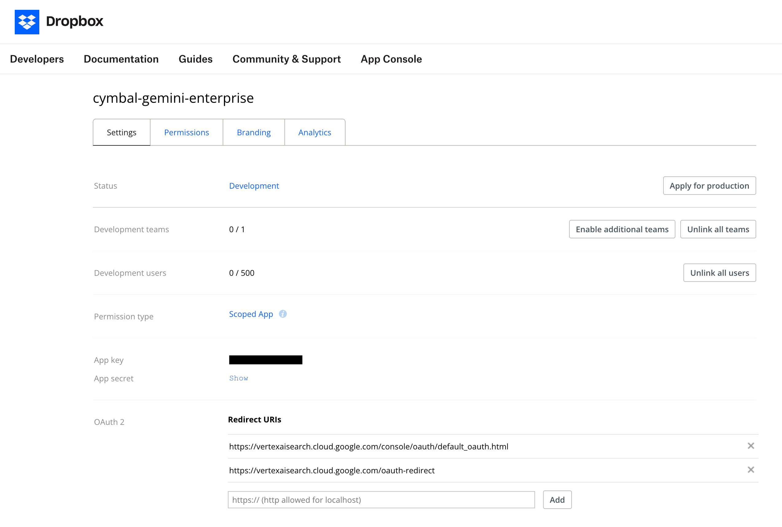 配置 Dropbox 应用的设置