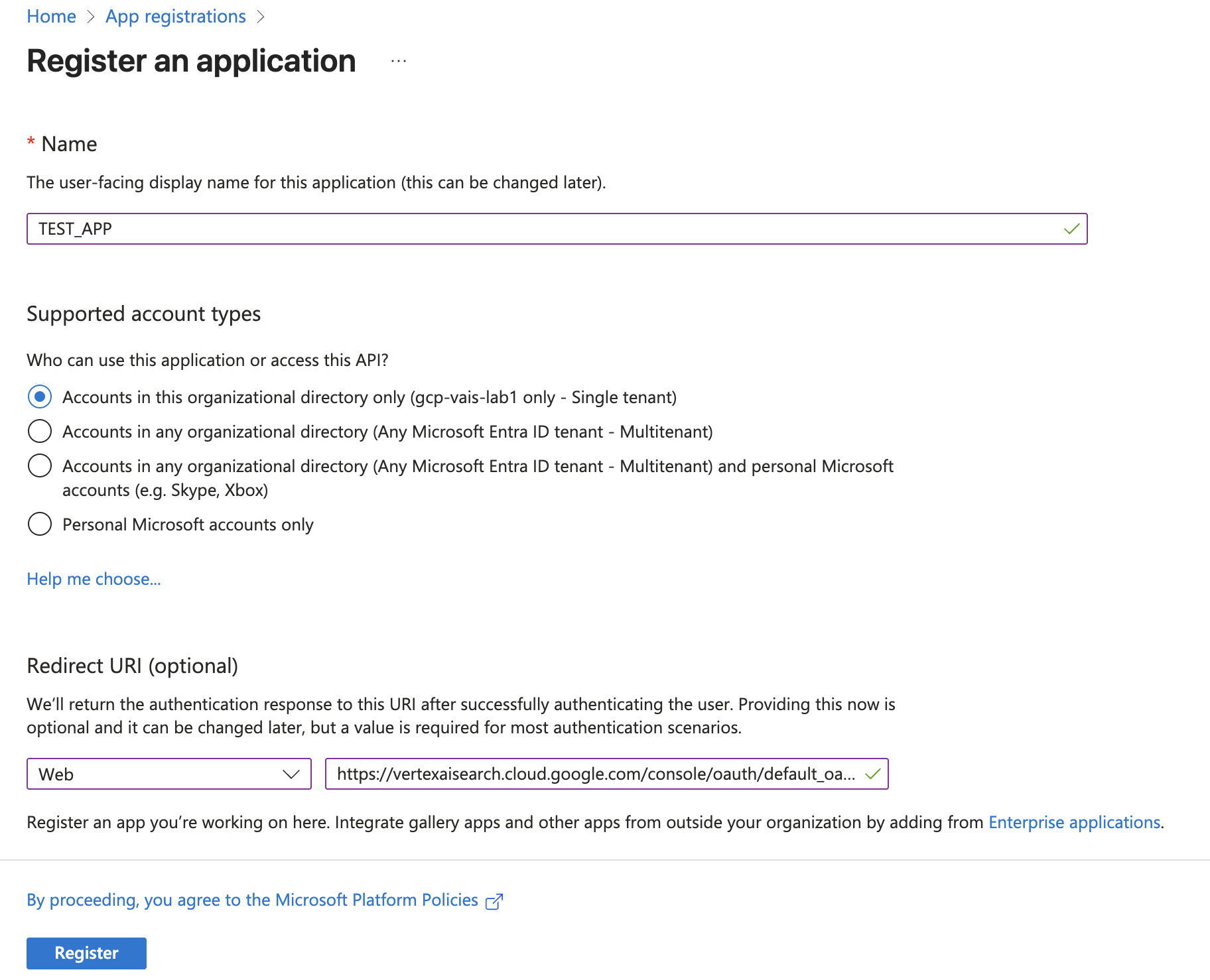 The Register an application page in Microsoft Entra admin center.