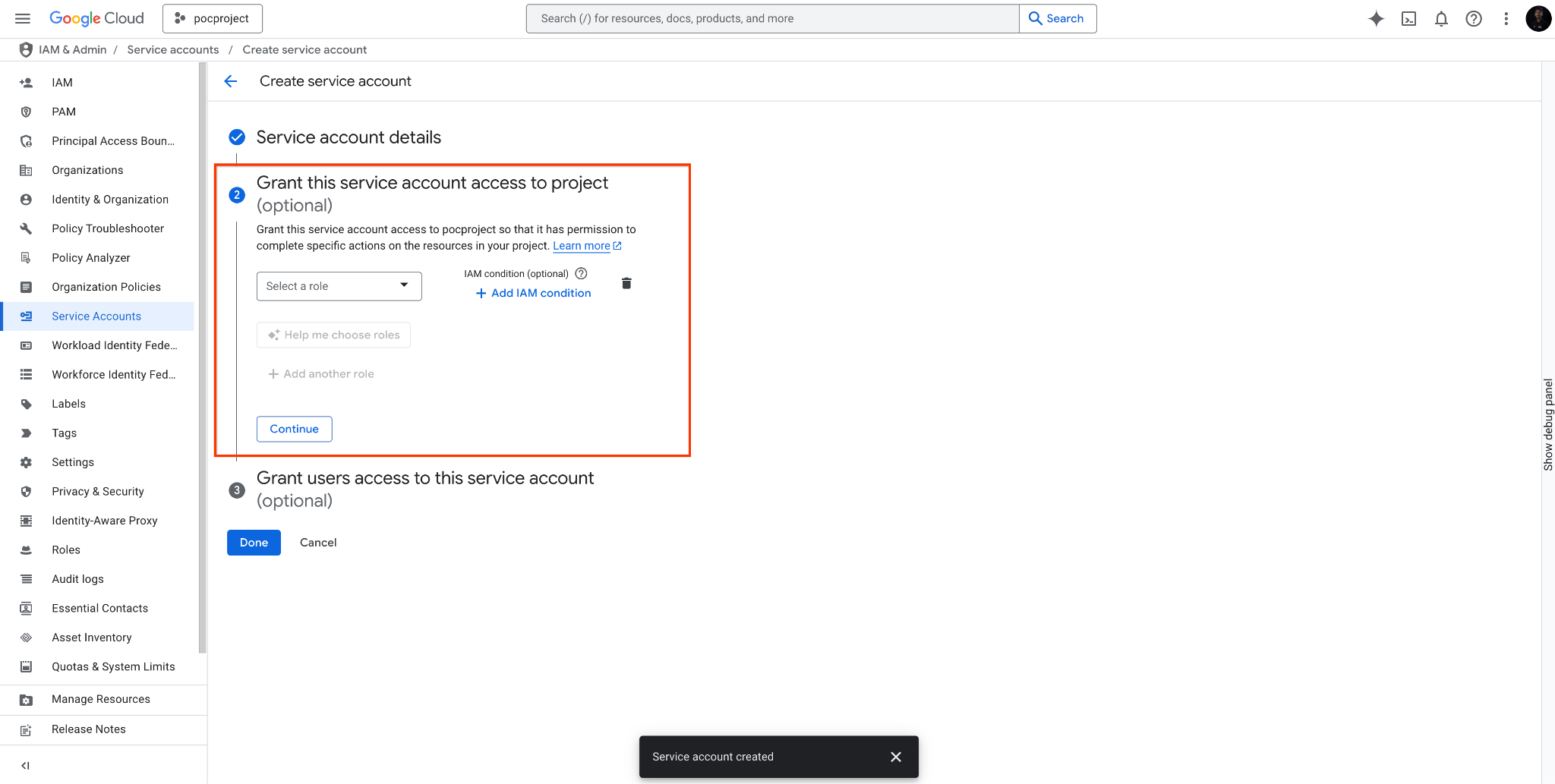 Shows the Grant this service account access to project (optional) section that needs to be skipped.