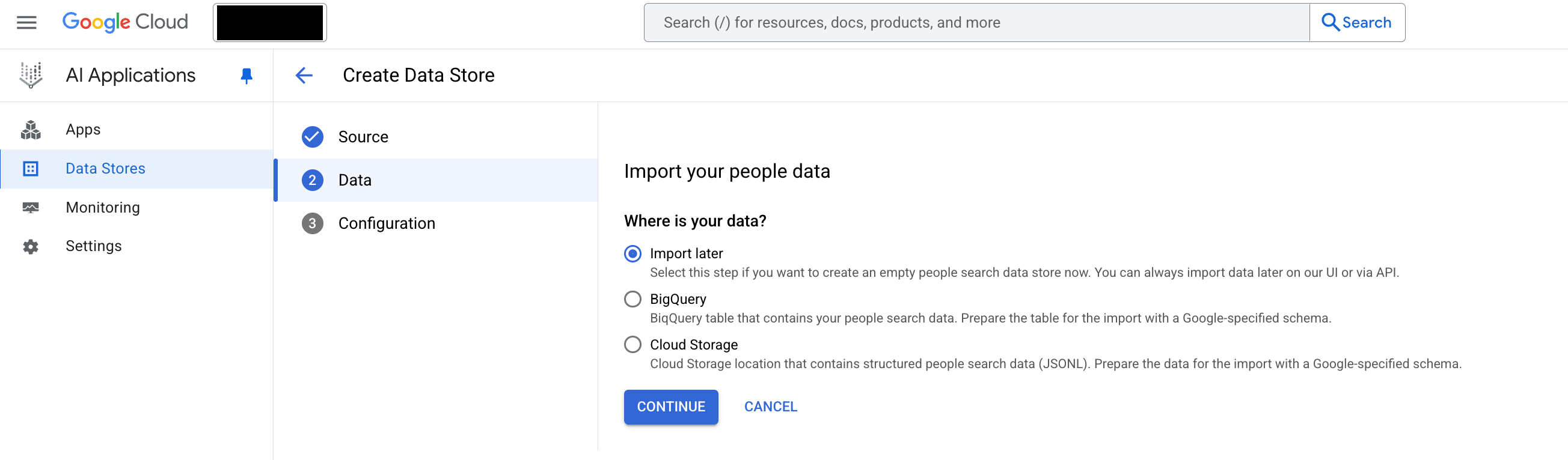 用于导入人员数据的选项，包括稍后导入、从 BigQuery 导入或从 Cloud Storage 导入。