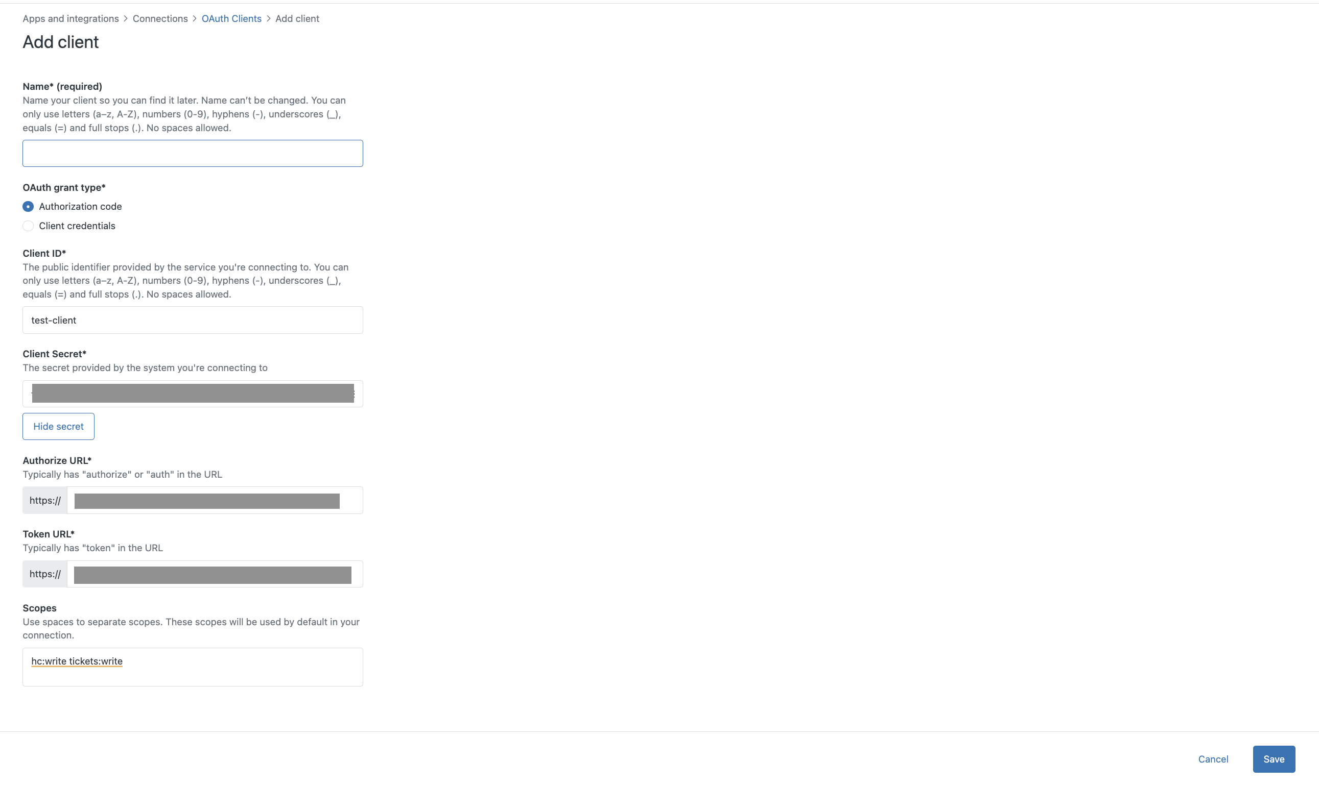 在 Zendesk 管理中心輸入 API 範圍的欄位。