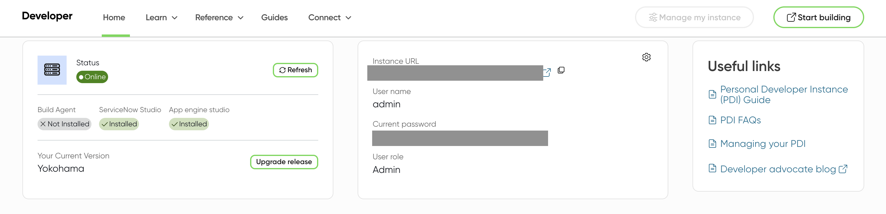 ServiceNow 開發人員執行個體介面