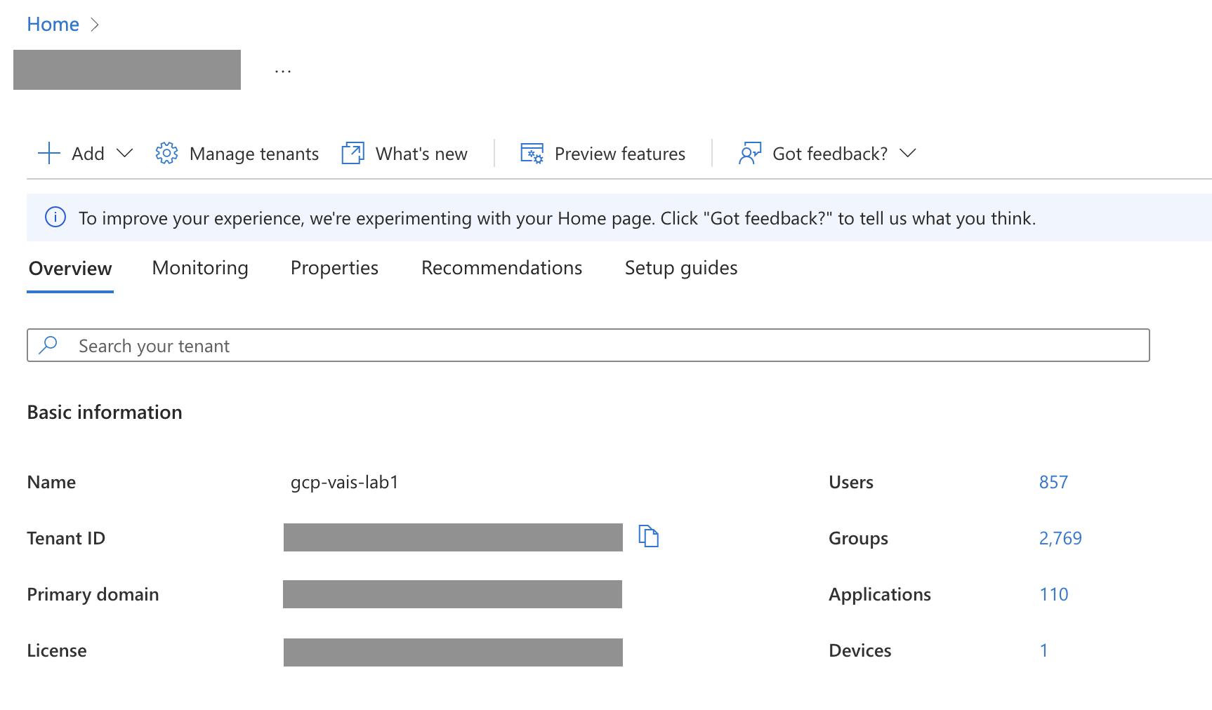 螢幕截圖：Microsoft Entra 系統管理中心總覽頁面上的租戶 ID。