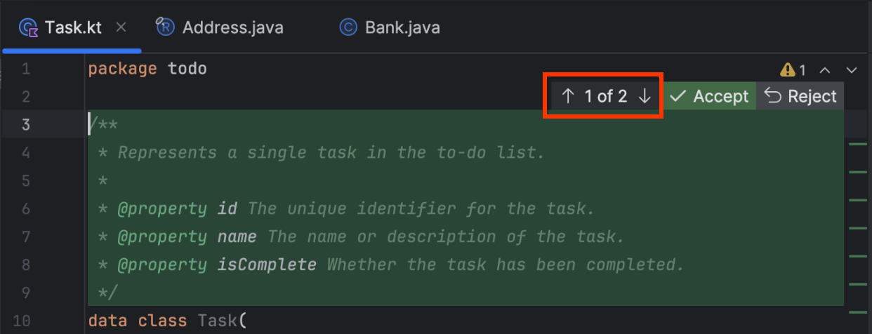 在 IntelliJ Code Gemini Code Assist 中，逐一查看檔案中的變更。