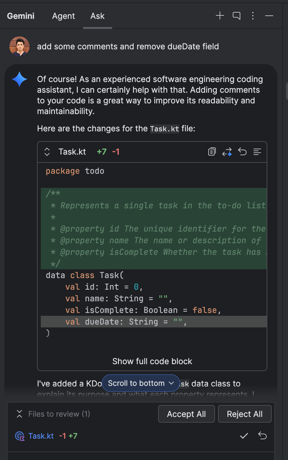 IntelliJ Code Gemini Code Assist 中的快速預覽畫面。