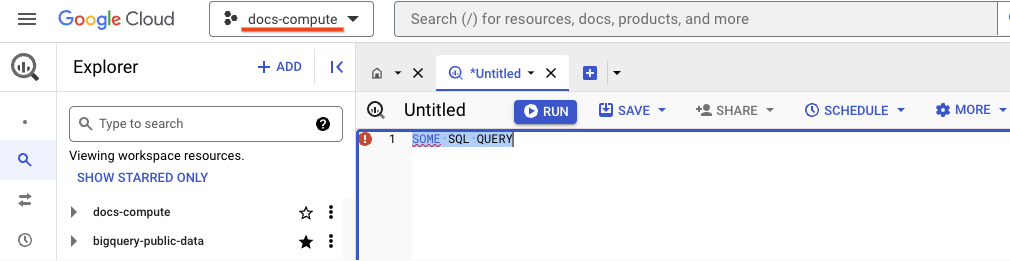 在執行 SQL 查詢的頁面上，BigQuery UI 會顯示名為 docs-compute 的運算專案。