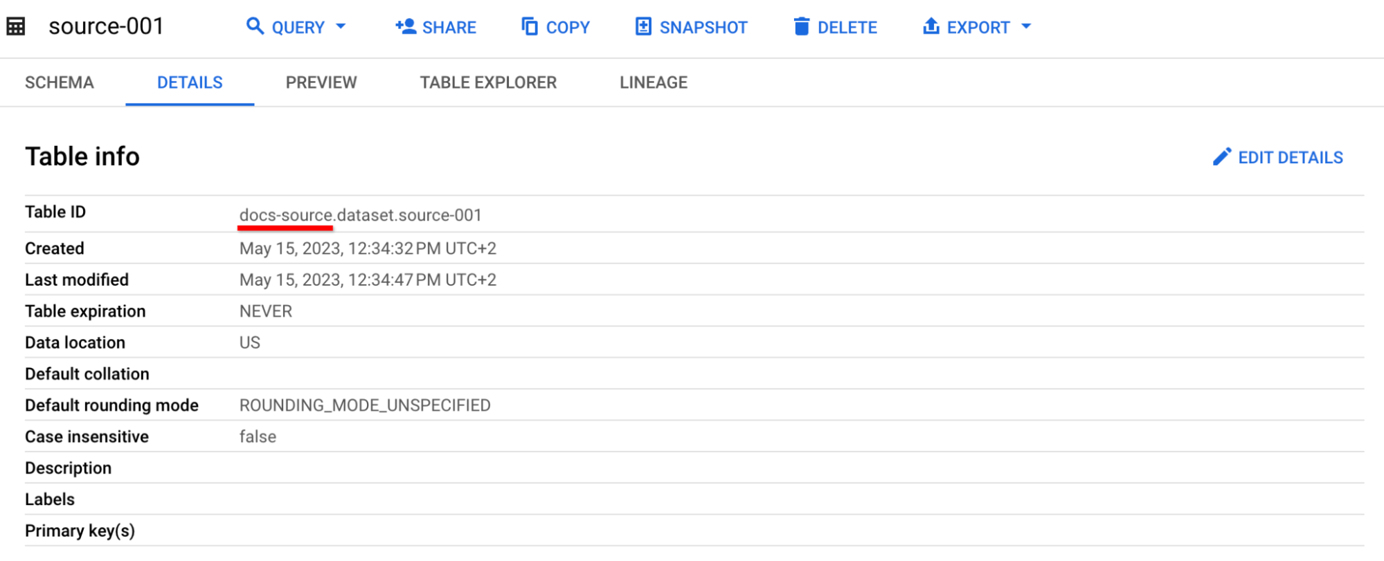 在 BigQuery UI 中，儲存空間專案名稱會顯示在「Table ID」(資料表 ID) 欄位中，位於完整資料表名稱的第一個點之前。