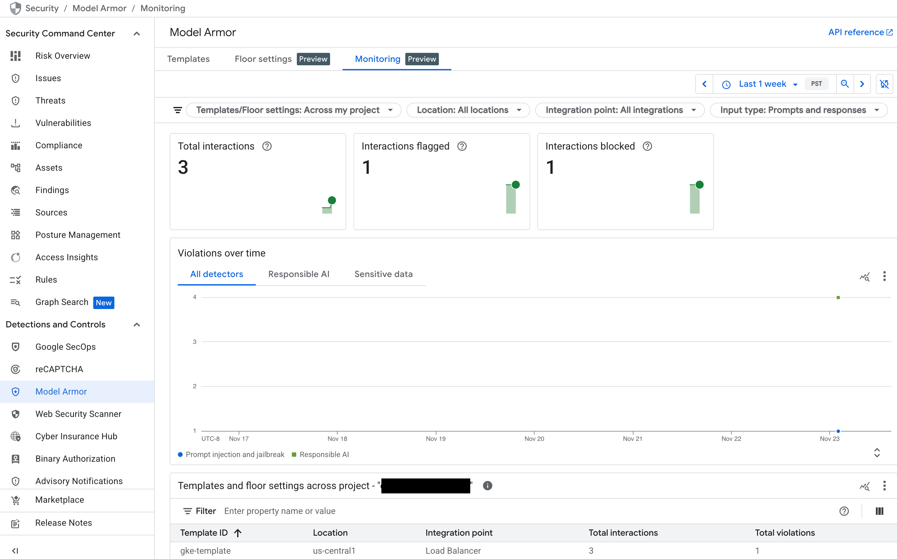Model Armor dashboard in the Google Cloud console.