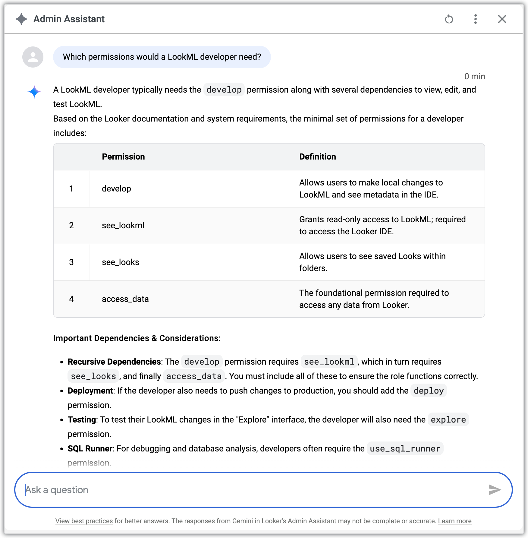 管理助理會顯示 LookML 開發人員所需的權限清單。