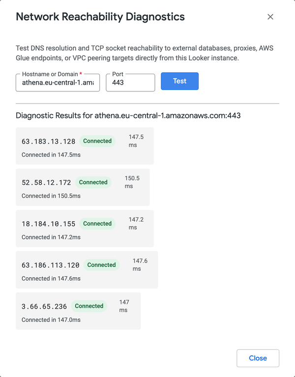 The Network Reachability Diagnostics dialog showing test results for a hostname and port.