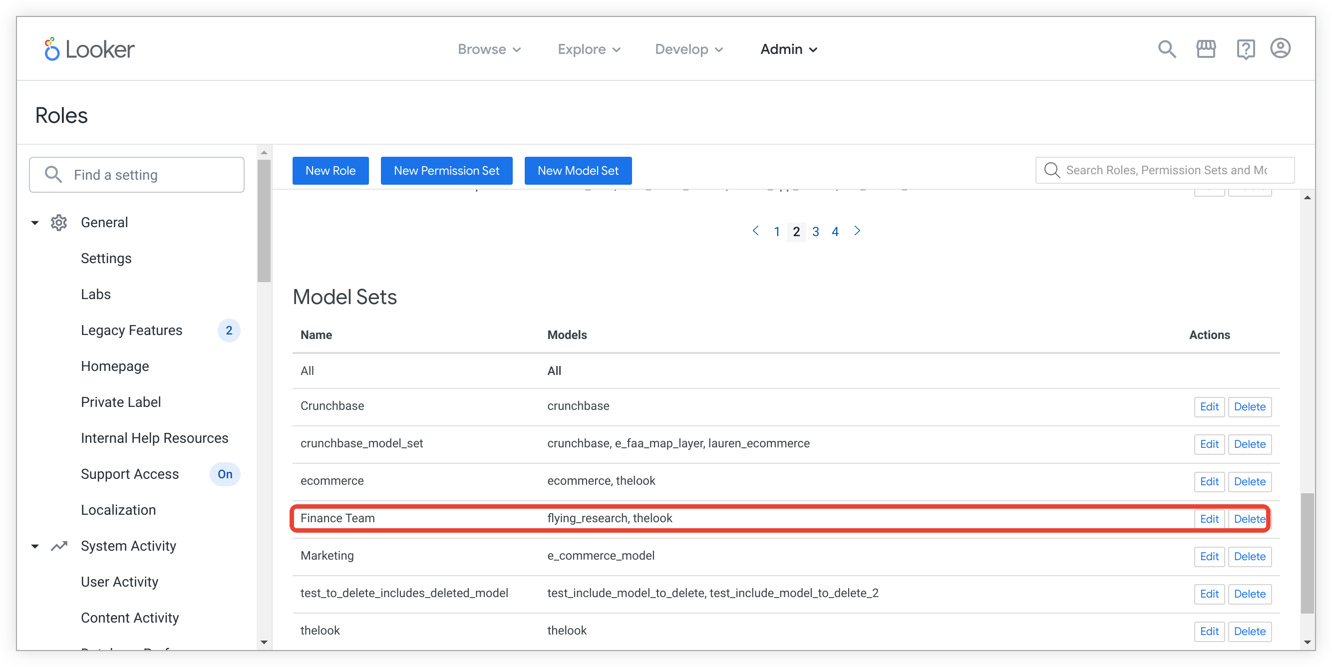 财务团队模型集的视图,其中包含 flying_research 和 thelook 模型,但不包含 data-dictionary 模型。