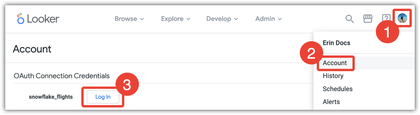 Looker 中的“账号”页面，显示“OAuth 连接凭据”部分。